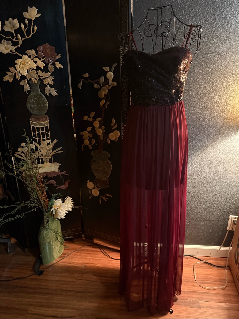 Strapless Sequin Bodice Burgundy Mesh Maxi Dress Sz 3